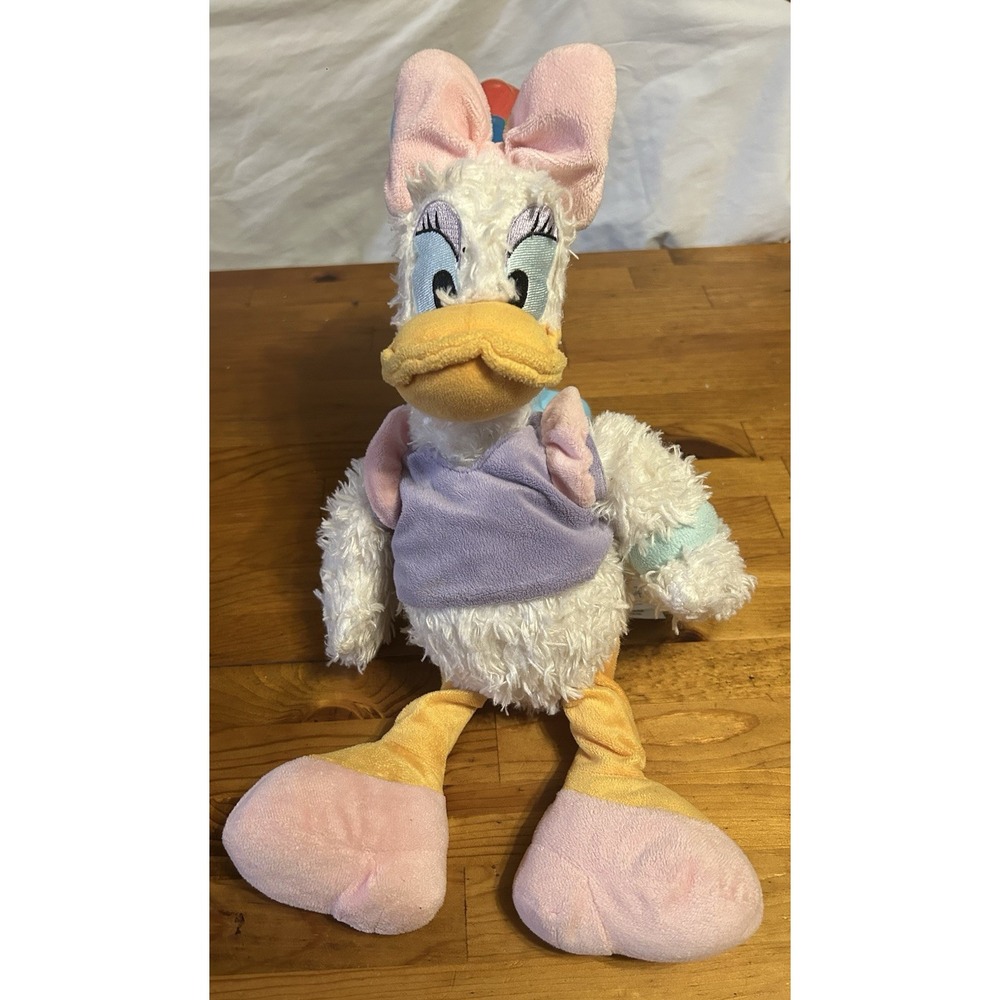Disney Parks Daisy Duck Plush Shaggy‎ White Purple Shirt Pink Bow 16 Inch Toy